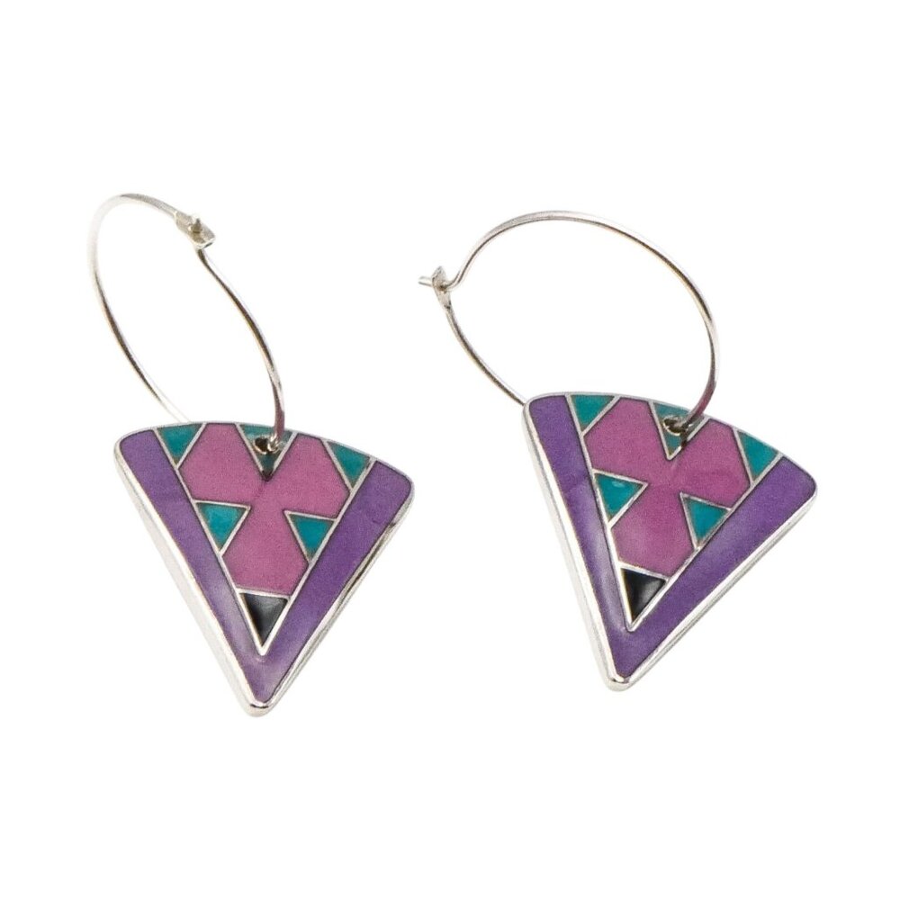 Vintage Laurel Burch Ranya Cloisonné Dangle Earrings Silver Tone